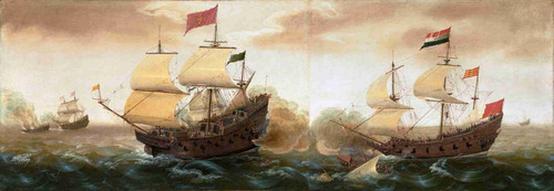 Lienzo Tela Encuentro Barcos De Guerra España Holanda 32x90