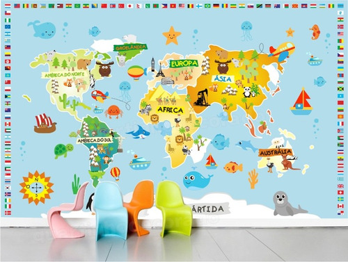 Adesivo Quarto Infantil Zoo Mapa Mundi Animais Papel Parede