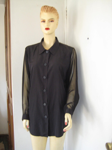 Blusa Negra Seda Con Mangas Gasa Transparente, Talla M/ L