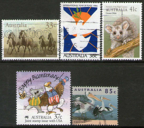 Australia 5 Sellos Usados Caballos = Koala = Pelícanos 1986+