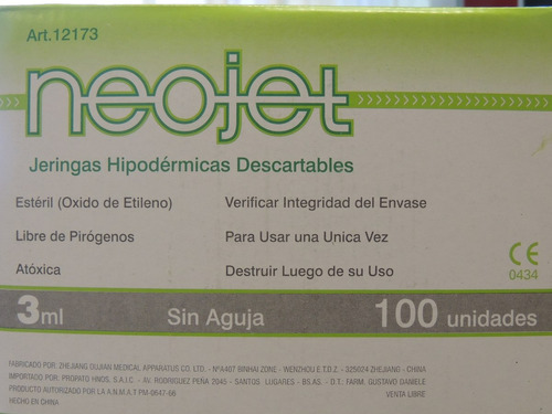 Jeringas Descartables 3cc Sin Aguja X 100 Unidades Neojet