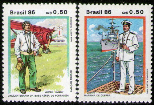 Brasil Serie X 2 Sellos Mint Avión = Barco = Uniformes 1986