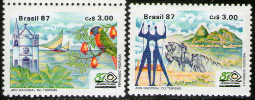 Brasil Serie X 2 Sellos Mint Turismo = Iglesia = Loro 1987