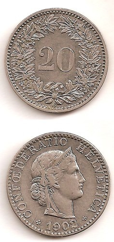 Moneda Suiza 20 Rappen 1902