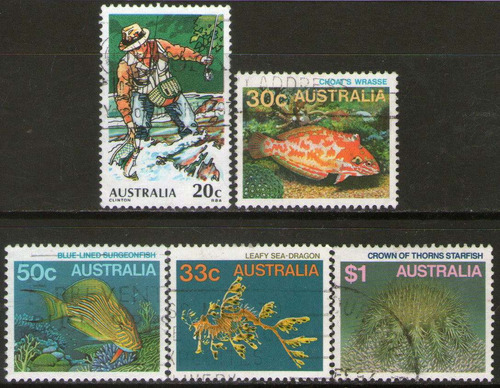 Australia 5 Sellos Usados Fauna = Peces = Pesca Años 1979-86