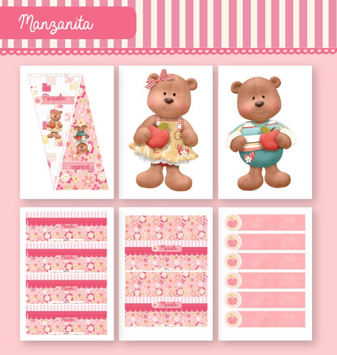 Kit Imprimible Cotillón Candy Bar Ositos Y Ositas Manzanitas