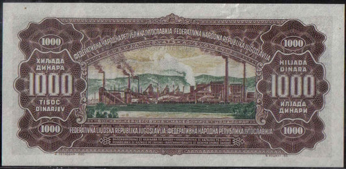 Imagen 2 de 2 de Yugoeslavia 1000 Dinares 1 May 1955 P71b