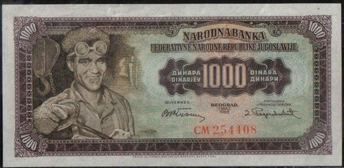 Imagen 1 de 2 de Yugoeslavia 1000 Dinares 1 May 1955 P71b