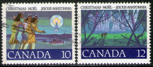 Canadá 2 Sellos Navidad = Cazadores = Aurora Boreal 1977 