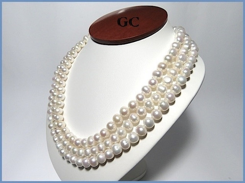 G C- Collar De Perlas Naturales Con Broche De Oro 10k Triple