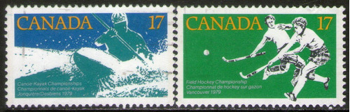 Canadá 2 Sellos Usados Deportes Kayak Y Hockey Año 1979