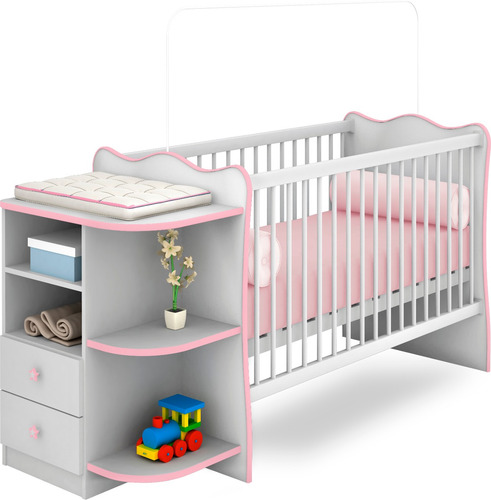 Jogo Berço Cômoda Com Colchão Branco Rosa Qmovi