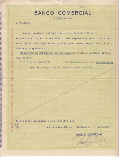 1937 Banco Comercial Antiguo Recibo De Valores En Custodia