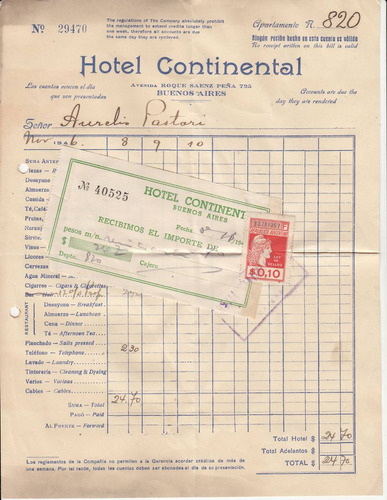 Revenue Stamp Argentina 1946 Factura Hotel Continental