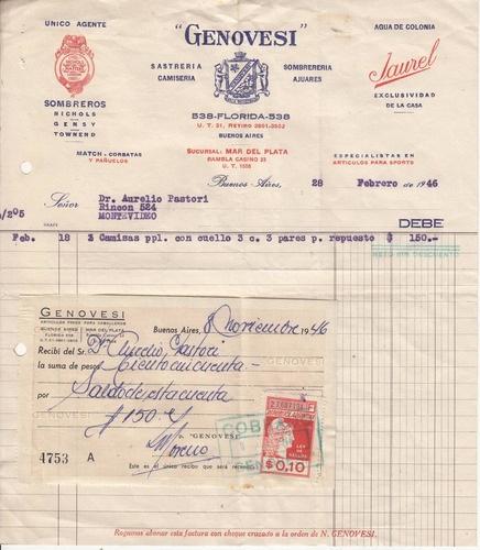 Revenue Stamp Argentina 1946 Factura Sastreria Genovesi