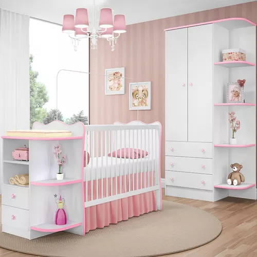 Jogo De Quarto Infantil Completo Menina Berço Cômoda Armário