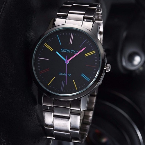 Relógio Feminino Aço Metal Cromado Preto Colorido M Gimto