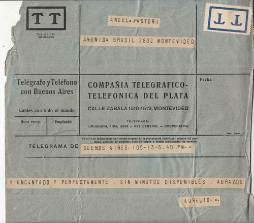 Antiguo Telegrama Buenos Aires Montevideo Telefonica Plata