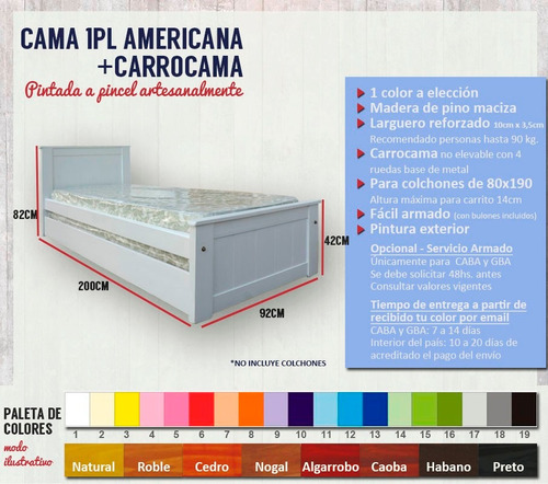 Imagen 4 de 5 de Cama Dormitorio Doble Americana Carrocama Envío Sin Cargo* Infantil Juvenil Color Elección