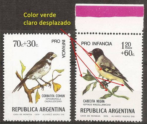 Argentina 968/9 Variedad Aves Pro Infancia Gj 1652/3 Añ 1974