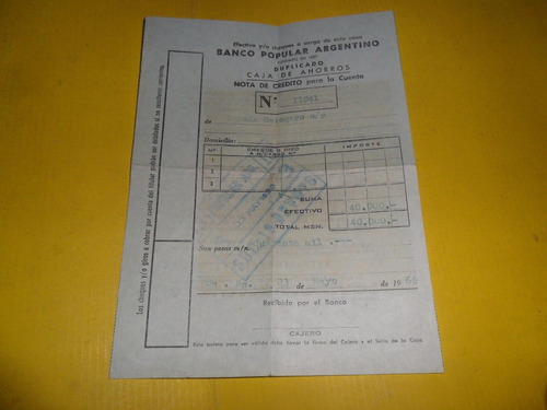 Antiguo Documento Banco Popular Argentino Caja Ahorro  1966