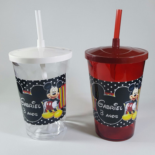 20 Copos Acrílico C/ Canudo Personalizado - Mickey