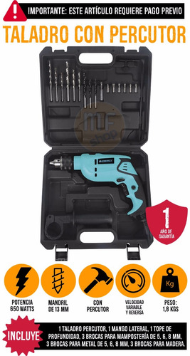 Imagen 2 de 2 de Kit De Taladro Con Accesorios Energy Id13 650 W 13 Mm Mf