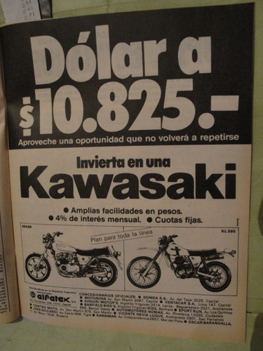 Publicidad Moto Kawasaki 650 Sr Y Kl 250 Año 1982
