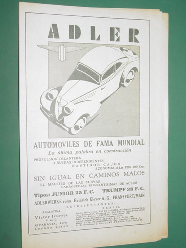 Publicidad Antigua Automoviles Adler Irureta Buenos Aires