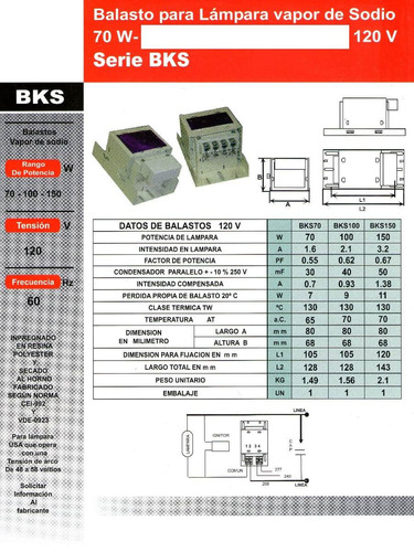 Balasto Sodio 70 Watios 120 Voltios