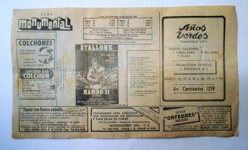 Programa Del Cine Monumental Rambo 2 Stallone Octubre 1985