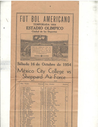 Futbol Americano Programa 1954 Mexico City-shepperd Afb