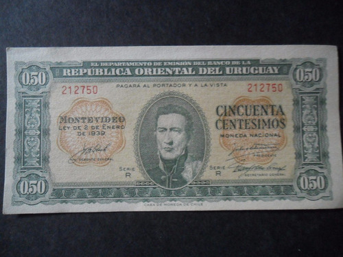 Billete  Uruguay De 0,50 Centecimos De 1932 Serie R Perfecto