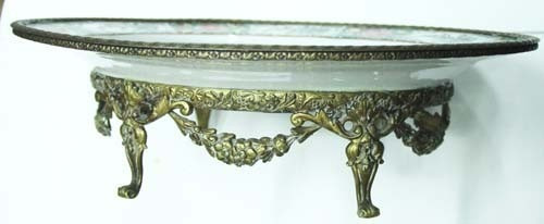 Antiguo Centro Mesa Oval Porcelana Y Bronce Chino 37 X 28 Cm