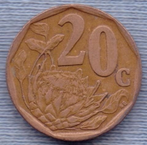 Imagen 1 de 2 de Sudafrica 20 Cents 1996 * Flores * Escudo *