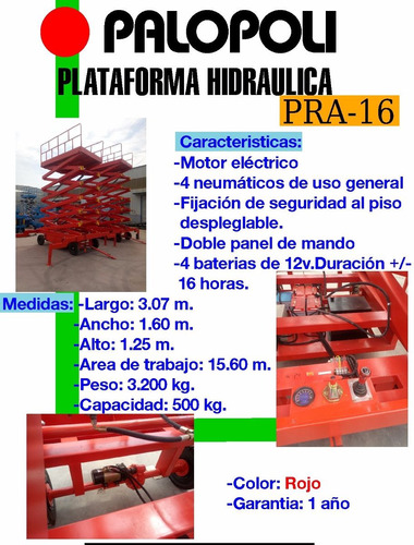 Tijera Nueva Plataforma Elevacion Hidraulica 15,6m 500kg