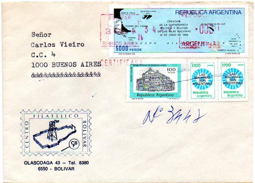 Argentina 1982. Certificada De Bolivar A Buenos Aires