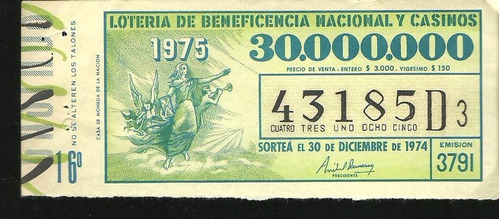 * Antiguo Billete De Loteria Usado Año 1974