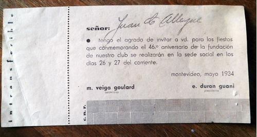 Club Nacional De Regatas Invitación 46 Aniversario 1934