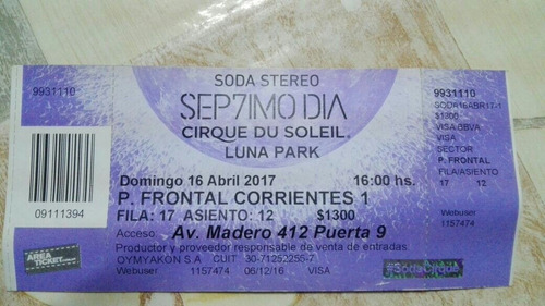 Entrada Septimo Dia Cirque Du Soleil Original Oportunidad