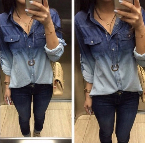 camisa jeans manchada feminina