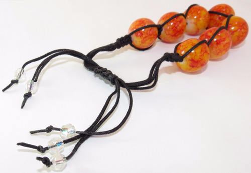 Pulseira Cordão Preto Com Regulagem - Com Pedras Laranjas