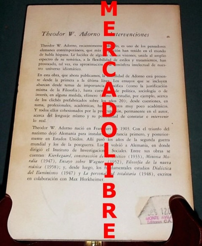 Theodor Adorno. Intervenciones. Monte Avila. Caracas 1969 (Usado)
