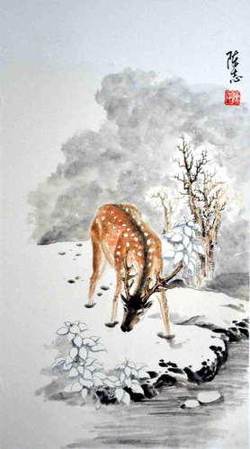 Lienzo Canvas Arte Chino Venado En Invierno 90x50