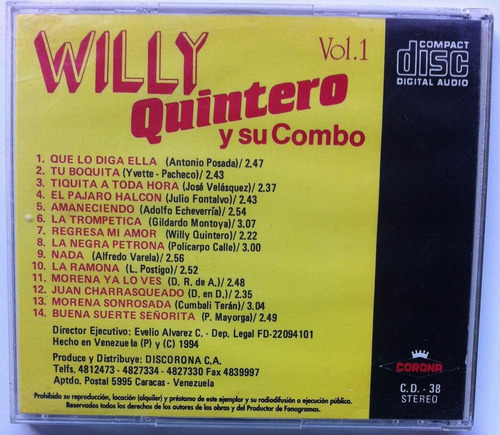 Willy Quintero Y Su Combo. Vol. 1. Cd Original, Buen Estado (Usado)