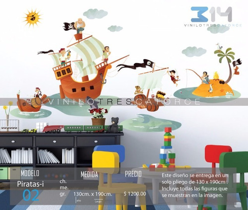 Vinilo Decorativo Infantil Piratas-i 02, Barco Pirata, Isla.