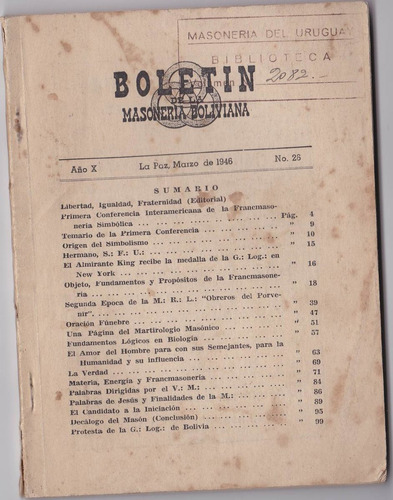 Libro - Boletin Masoneria Boliviana - La Paz - Marzo 1946
