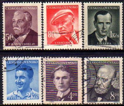 Checoslovaquia Serie X 6 Sellos Usados Escritores Año 1949