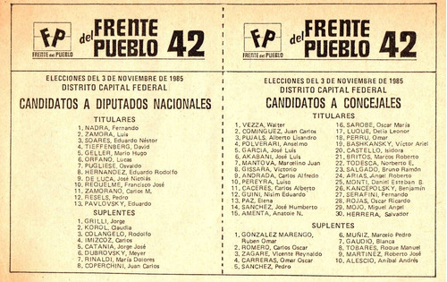 Boleta Electoral - Frente Del Pueblo -         3 - 11 - 1985