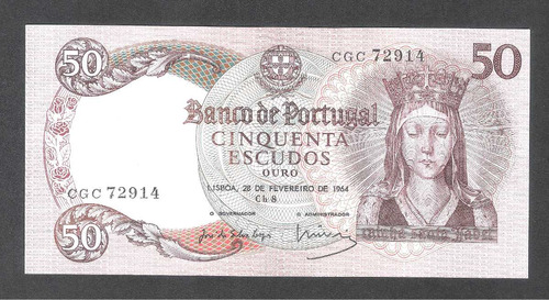 Por002 Billete De Portugal 50 Escudos 1964 Unc Aff*